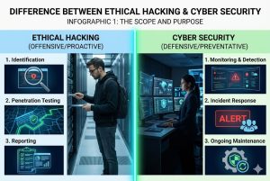 Ethical Hacking और Cyber Security में अंतर: एक Beginner की सबसे बड़ी Confusion को आसान भाषा में समझें