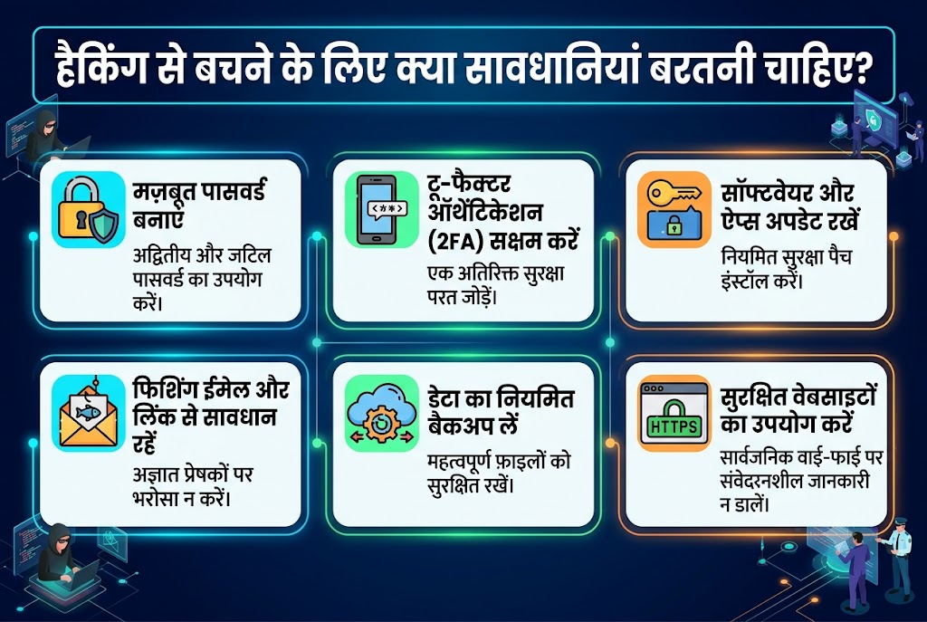 हैकिंग से बचने के लिए क्या सावधानियां बरतनी चाहिए?
